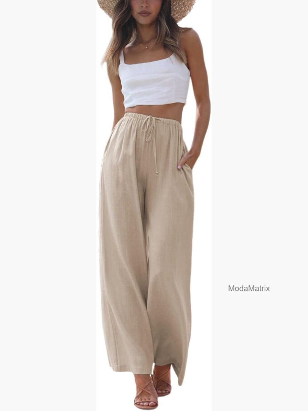 Cotton Linen Wide Leg Palazzo Pants with Pockets